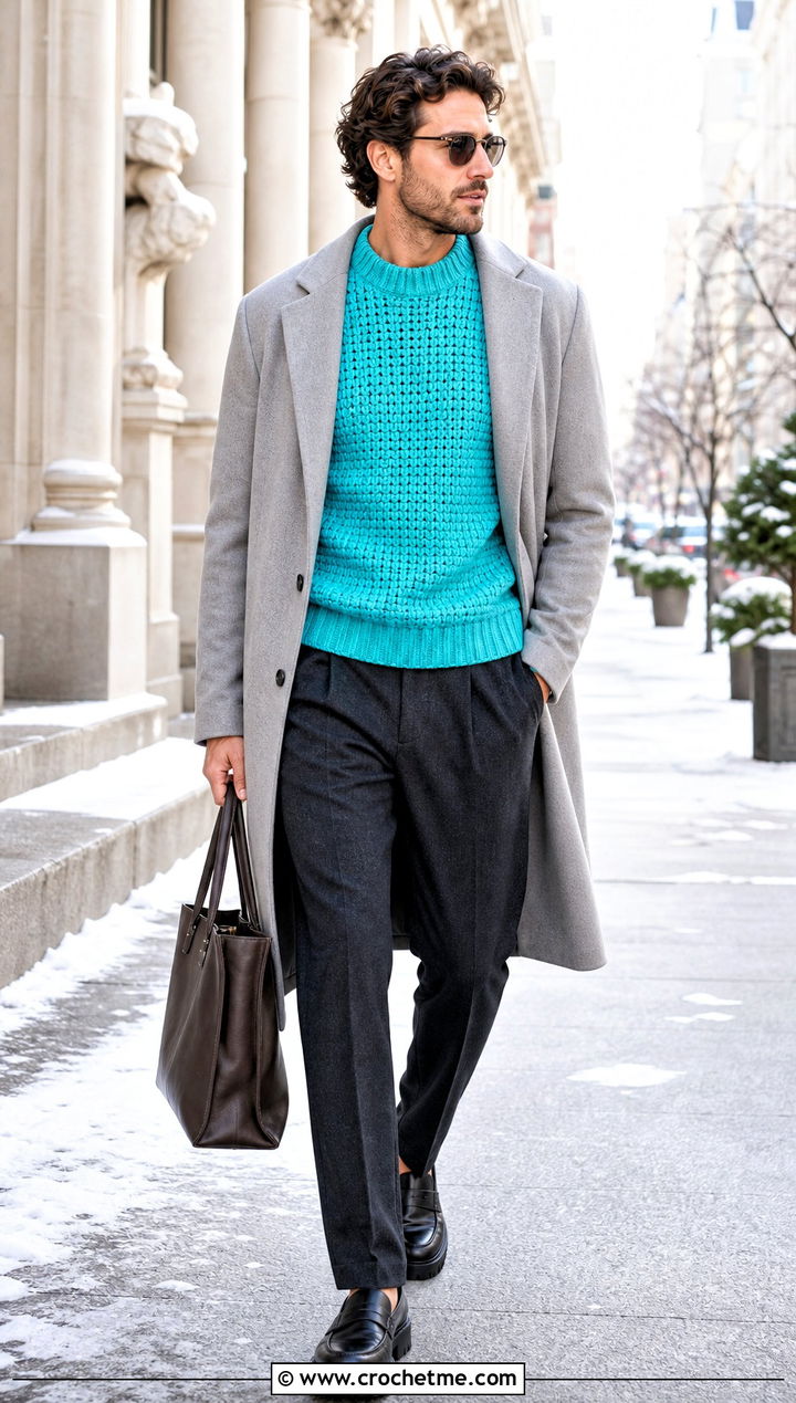 Chunky Crochet Pullover With Wool Trousers - 15 crochet tops for men outfit ideas