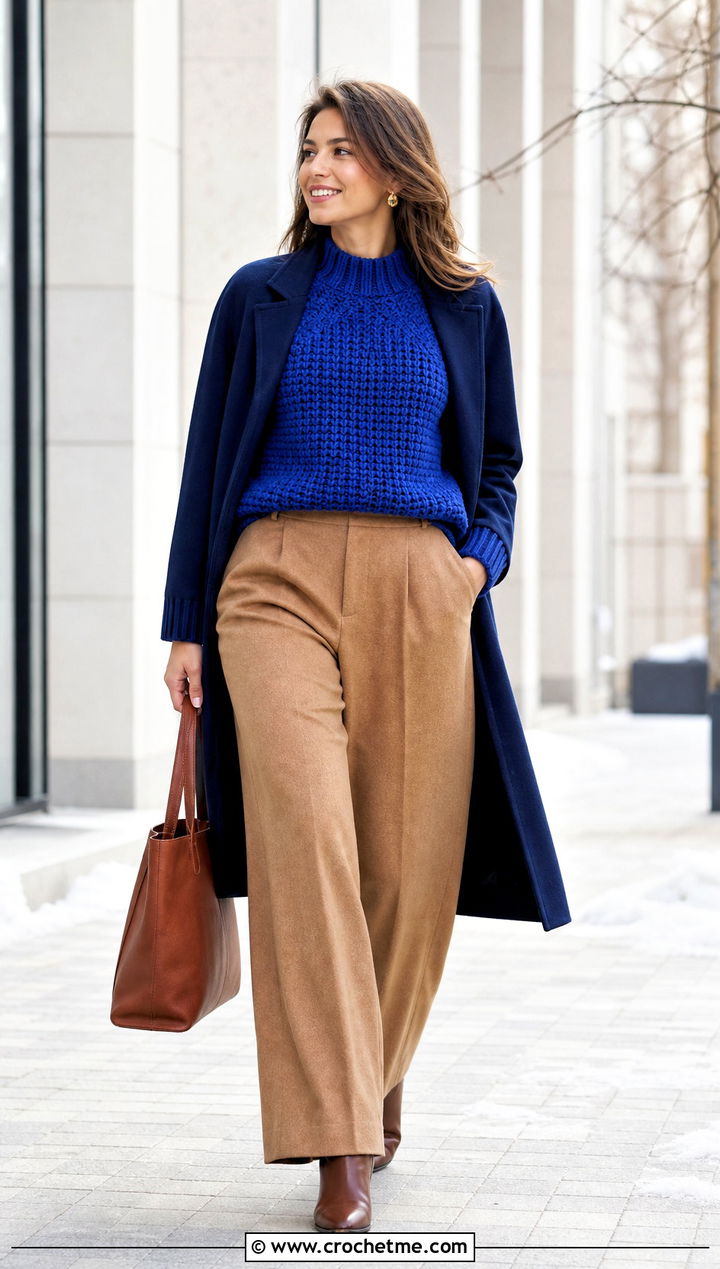 Chunky Crochet Raglan Top With Wool Trousers - 30 crochet raglan top outfit ideas