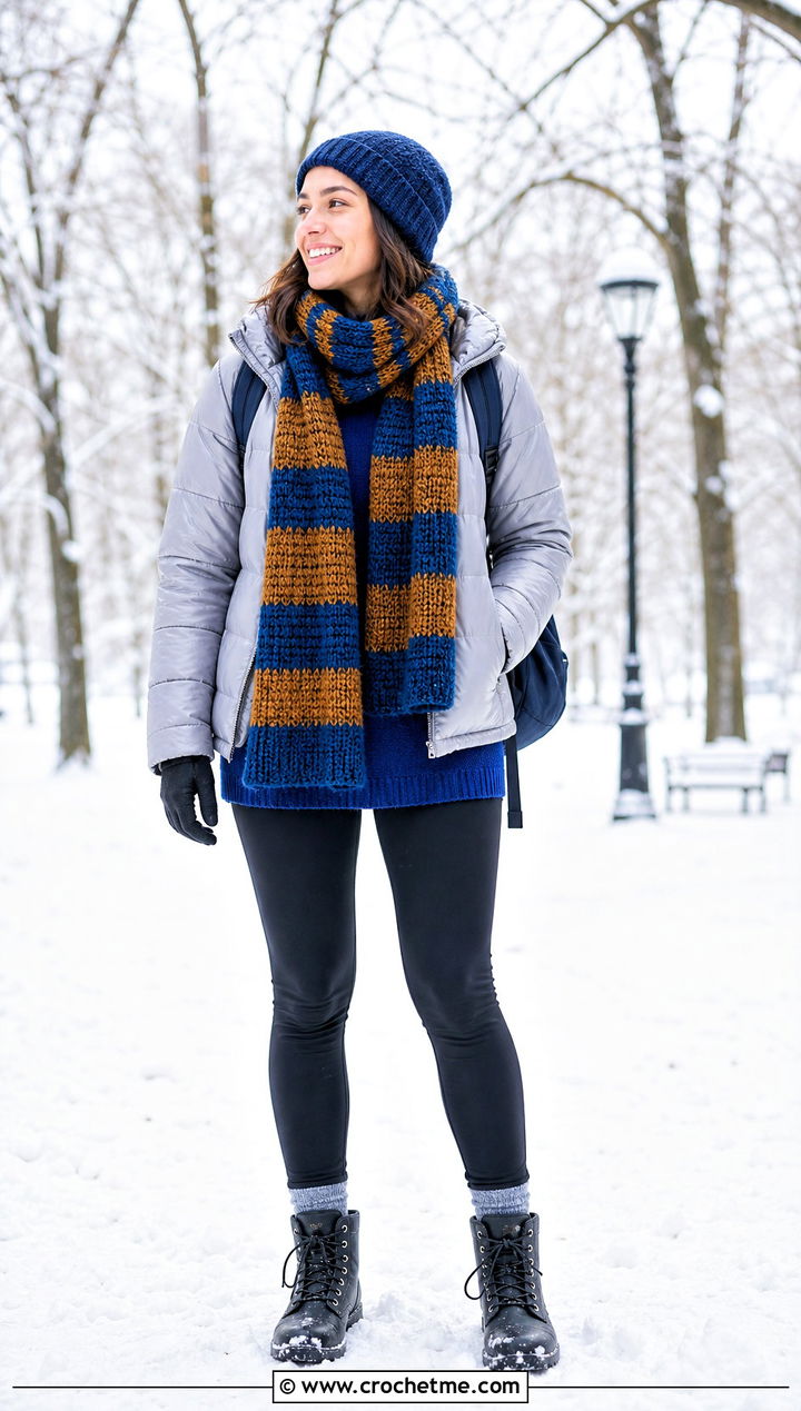Chunky Crochet Ravenclaw Scarf With Puffer Jacket - 35 crochet ravenclaw scarf outfit ideas