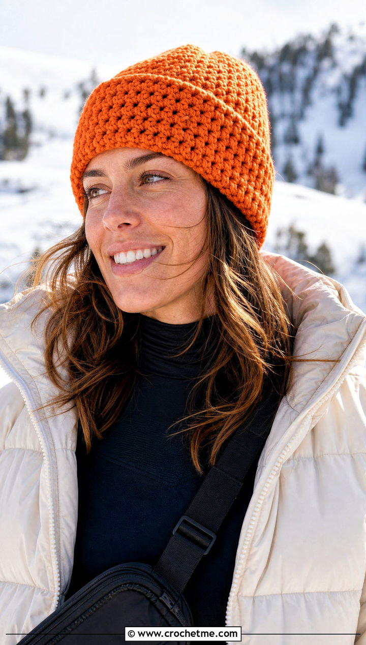 Chunky Crochet Rectangle Beanie With Puffer Jacket And Leggings - 25 Crochet Rectangle Beanie outfit ideas