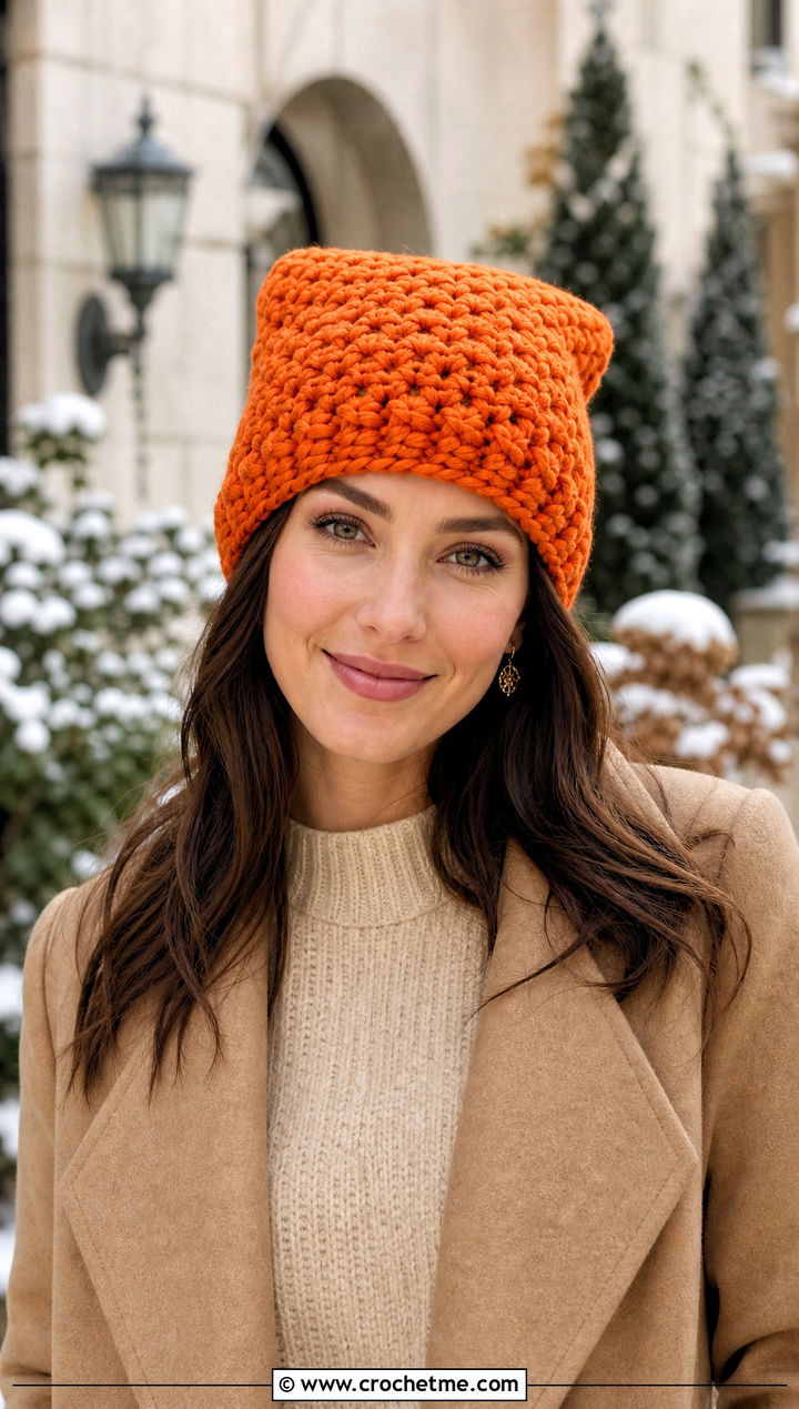Chunky Crochet Rectangle Hat With Sweater Dress - 25 Crochet Rectangle Hat outfit ideas