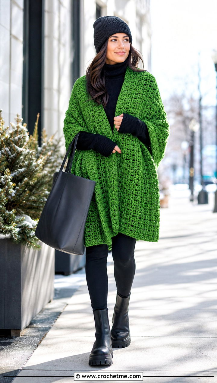 Chunky Crochet Rectangle Shawl With Leggings - 35 Crochet Rectangle Shawl outfit ideas