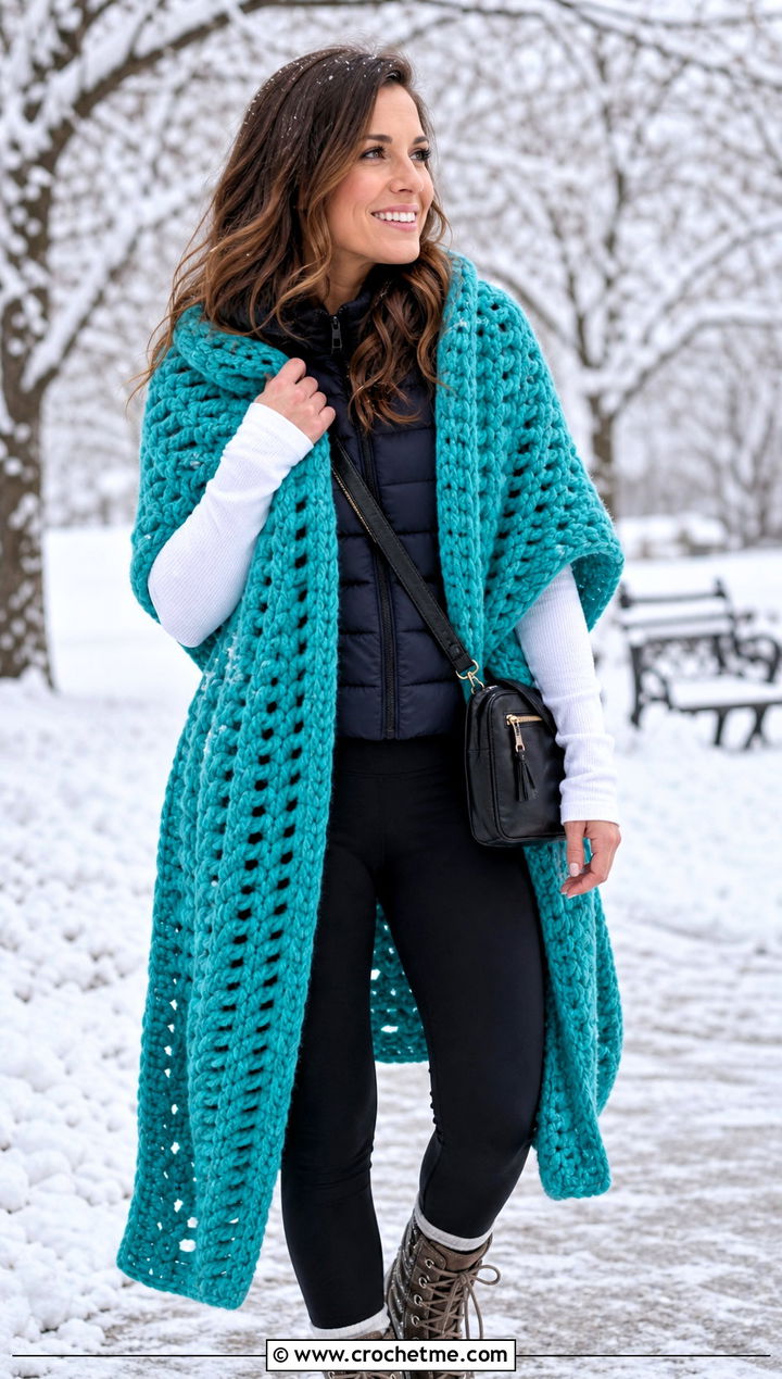 Chunky Crochet Rectangular Shawl With Puffer Vest - 30 crochet rectangular shawl outfit ideas