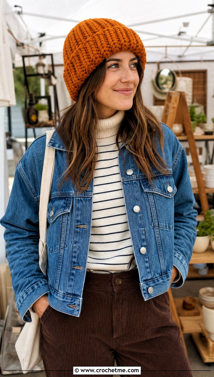 Chunky Crochet Ribbed Hat With Denim Jacket - 20 Easy Crochet Ribbed Hat outfit ideas
