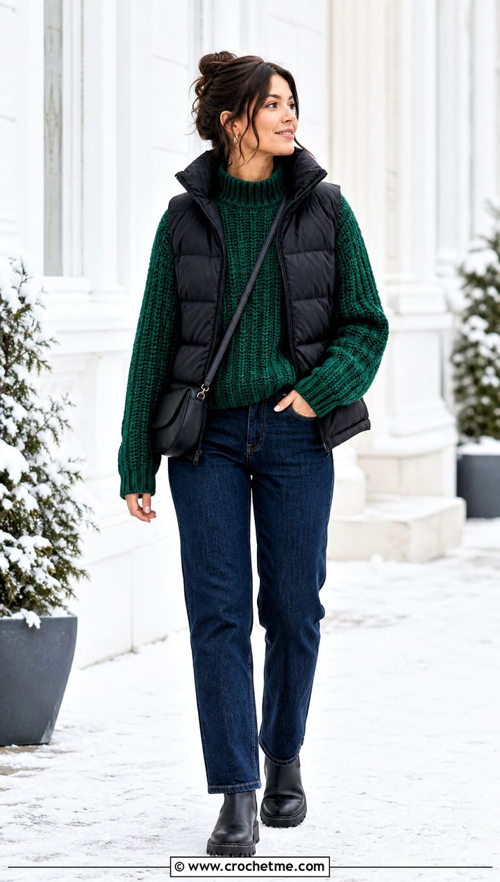 Chunky Crochet Ribbed Sweater With Puffer Vest - 35 crochet ribbed sweater outfit ideas