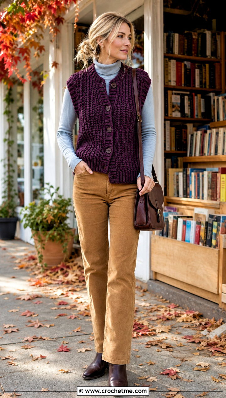 Chunky Crochet Ribbed Vest With Corduroy Pants - 20 crochet ribbed vest outfit ideas