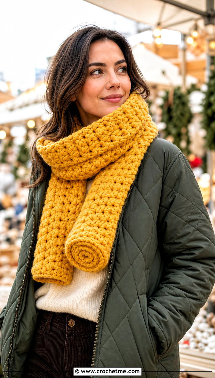 Chunky Crochet Roll Up Scarf With Quilted Jacket - 25 Crochet Roll Up Scarf outfit ideas