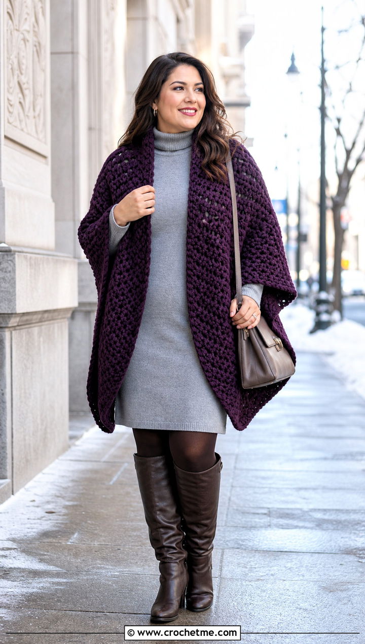 Chunky Crochet Ruana With Sweater Dress And Knee Boots - 15 easy crochet ruana outfit ideas