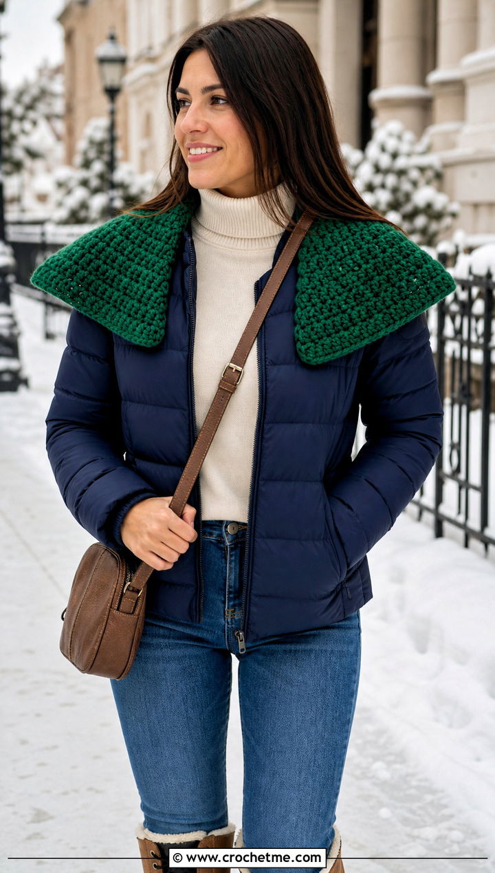 Chunky Crochet Sailor Collar With Puffer Jacket And Jeans - 30 crochet sailor collar outfit ideas