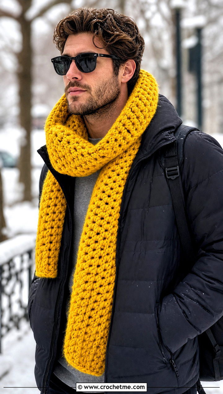 Chunky Crochet Scarf With Puffer Jacket - 20 men's crocheted scarf outfit ideas