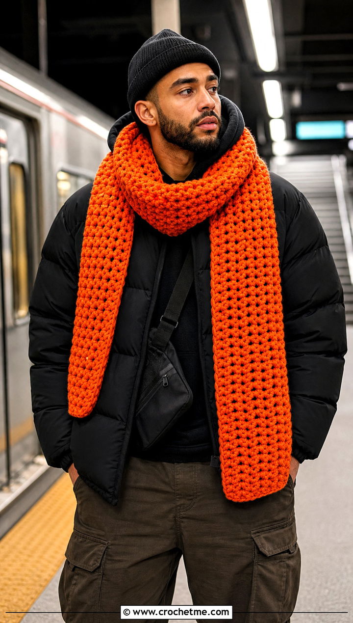 Chunky Crochet Scarf With Puffer Jacket - 20 Mens Winter Crochet Scarf outfit ideas