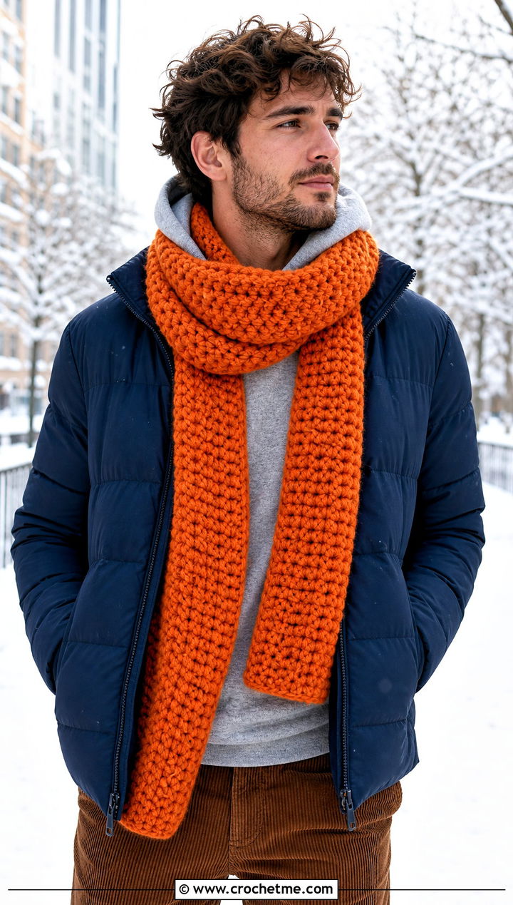 Chunky Crochet Scarf With Puffer Jacket - 30 crochet scarf ideas for men