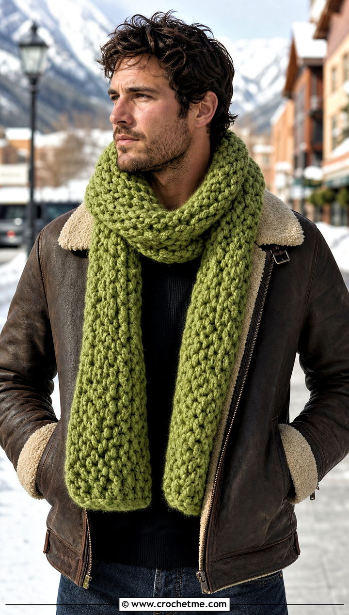 Chunky Crochet Scarf With Shearling Jacket - 30 Mens Crochet Scarf outfit ideas