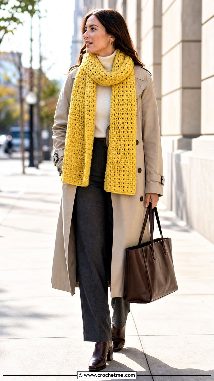 Chunky Crochet Scarf With Trench Coat - 35 crochet clothes and accessories outfit ideas