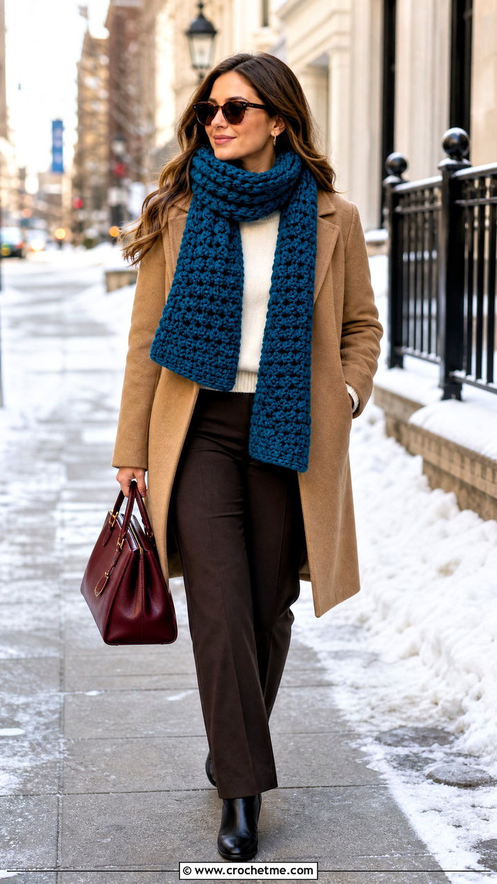 Chunky Crochet Scarf With Wool Coat - 35 crochet accessories outfit ideas