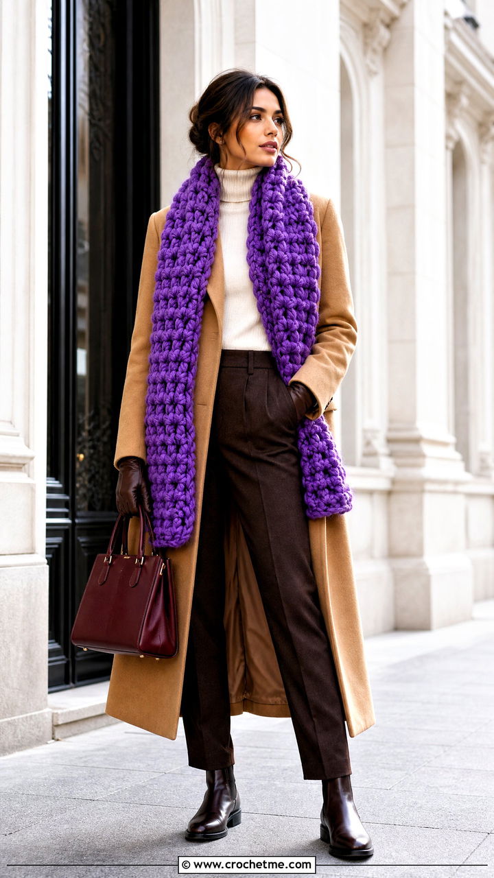 Chunky Crochet Scarf With Wool Coat - 35 beginner crochet scarf outfit ideas