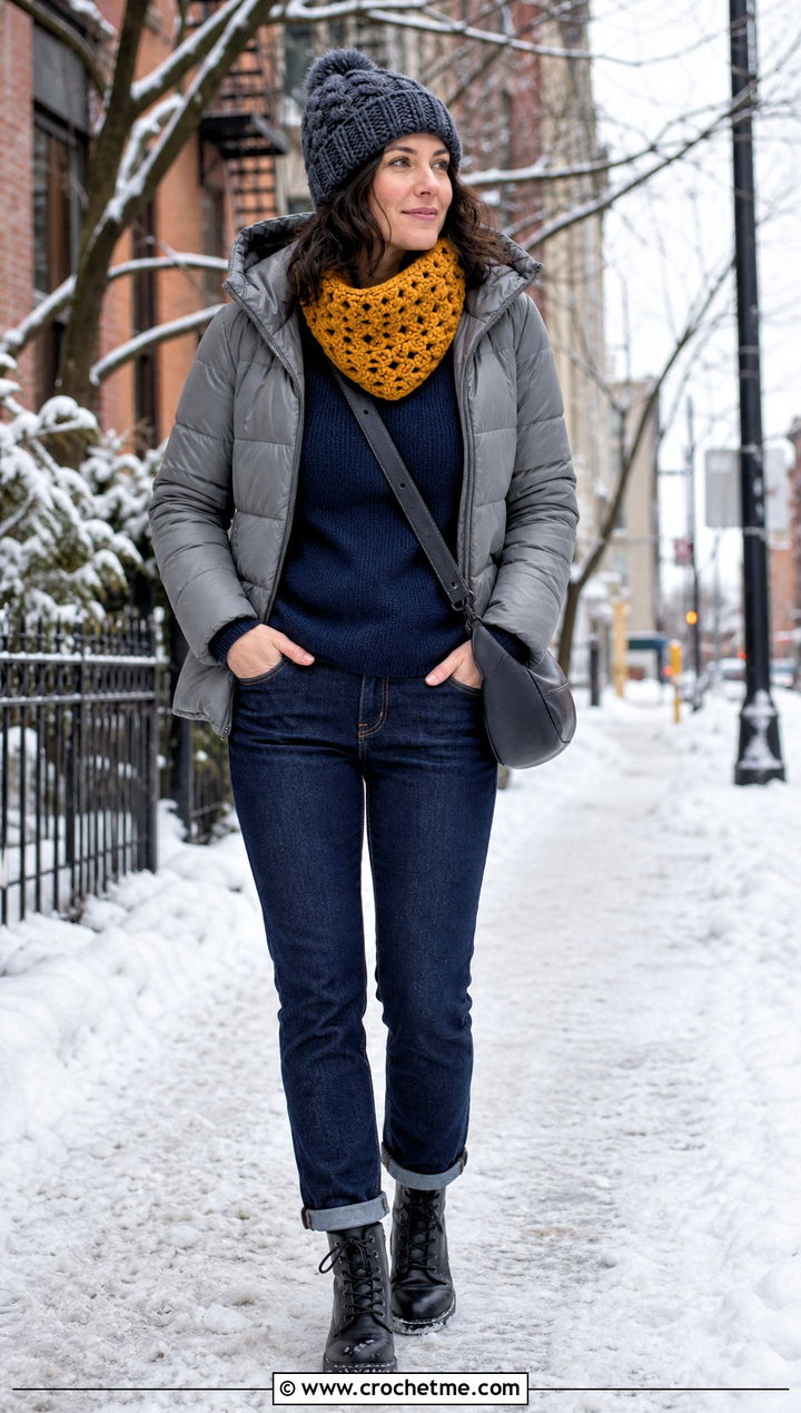 Chunky Crochet Scarflet With Puffer Jacket And Straight Jeans - 35 crochet mini scarf outfit ideas