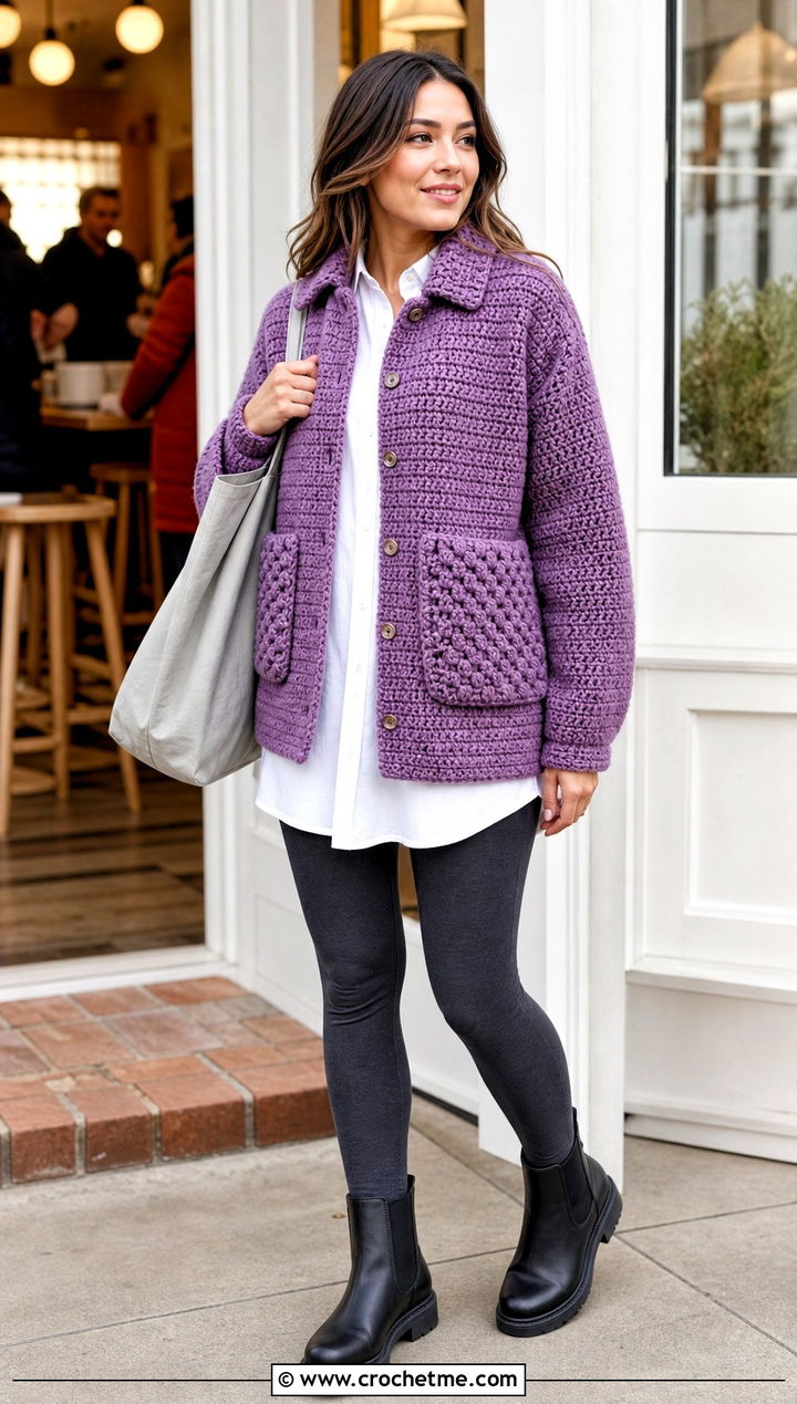 Chunky Crochet Shacket Coat With Leggings - 25 Chunky Crochet Coat outfit ideas
