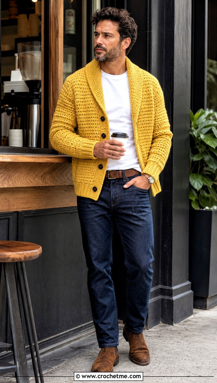 Chunky Crochet Shawl Collar Cardigan With Jeans - 20 Mens Crochet Shawl Collar Cardigan outfit ideas