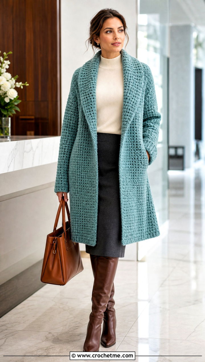 Chunky Crochet Shawl Collar Coat With Pencil Skirt - 25 Chunky Crochet Coat outfit ideas
