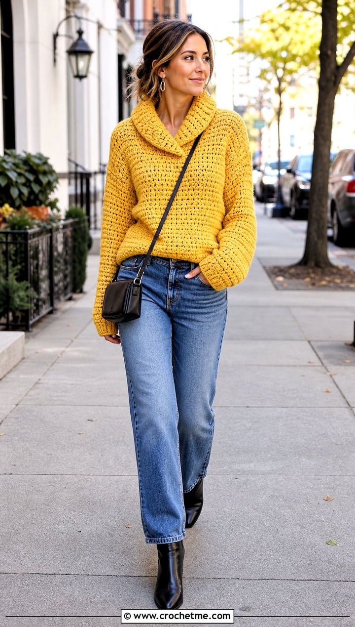 Chunky Crochet Shawl Collar Sweater With Straight Leg Jeans - 20 Crochet Shawl Collar Sweater outfit ideas