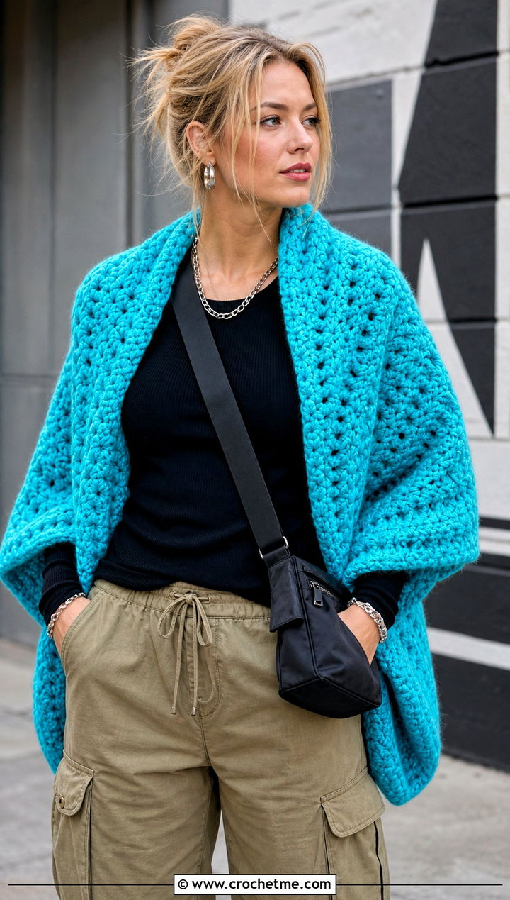 Chunky Crochet Shawl With Cargo Pants - 25 Fall Crochet Shawl outfit ideas