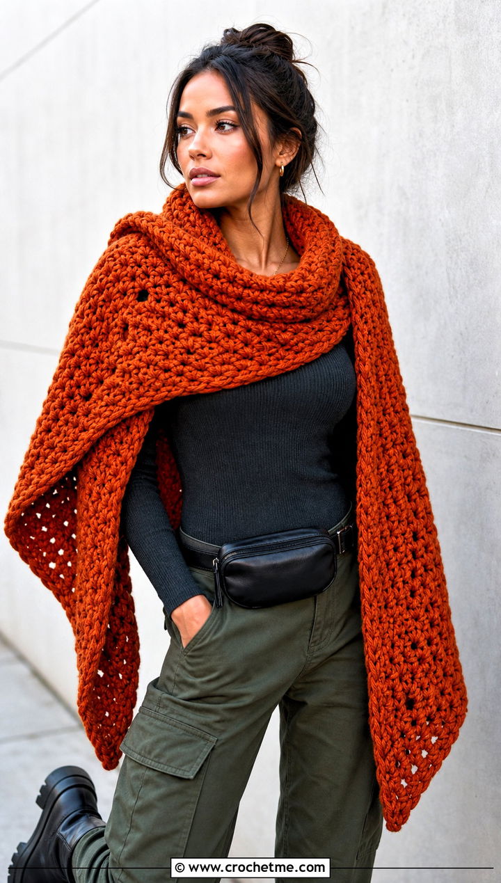 Chunky Crochet Shawl With Cargo Pants - 30 winter crochet shawl outfit ideas