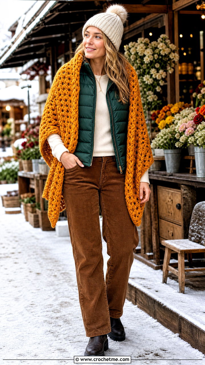 Chunky Crochet Shawl With Puffer Vest - 35 crochet shawls and wraps outfit ideas