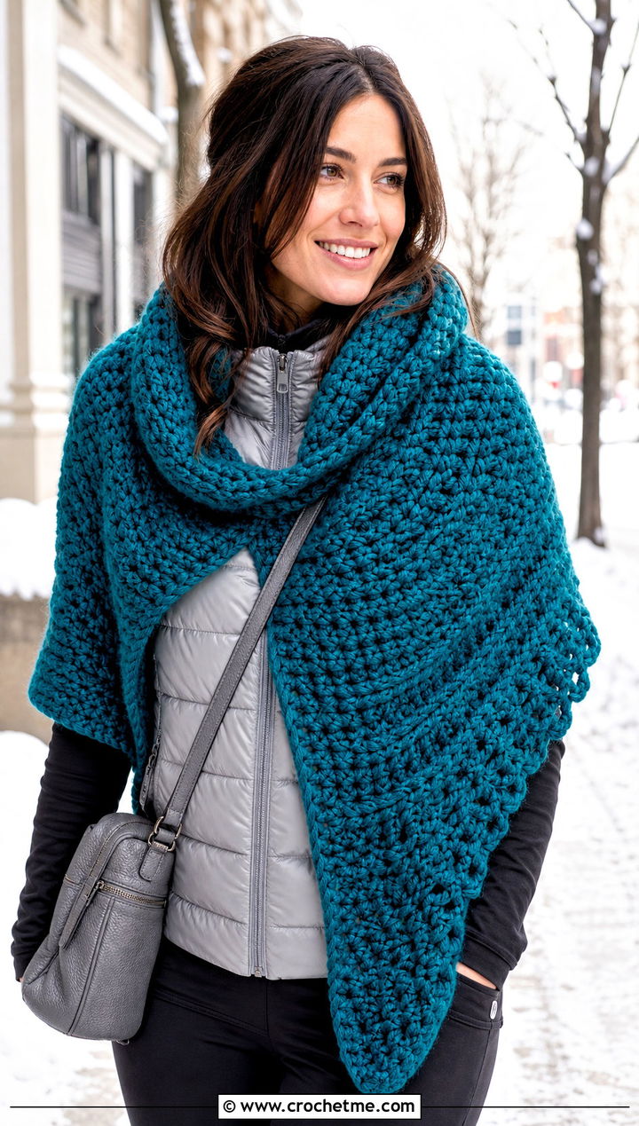 Chunky Crochet Shawl With Puffer Vest - 25 Crochet For Shawl outfit ideas