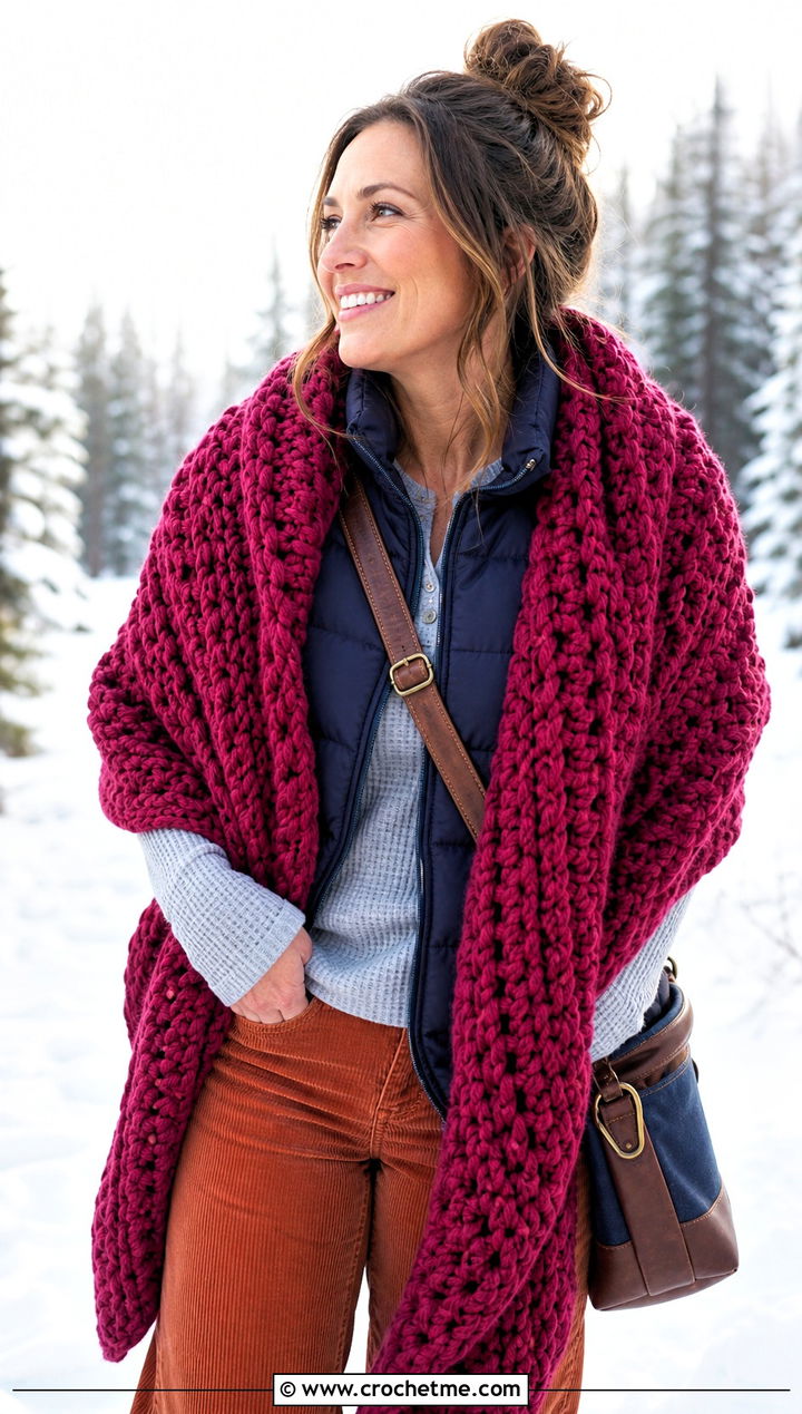 Chunky Crochet Shawl With Puffer Vest - 25 crochet for shawls outfit ideas