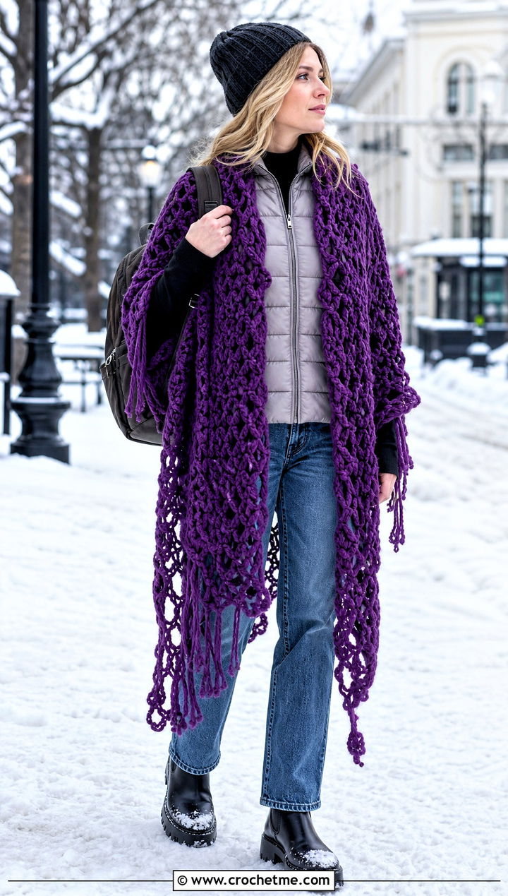 Chunky Crochet Shawl With Puffer Vest And Jeans - 25 Stevie Nicks Crochet Shawl outfit ideas