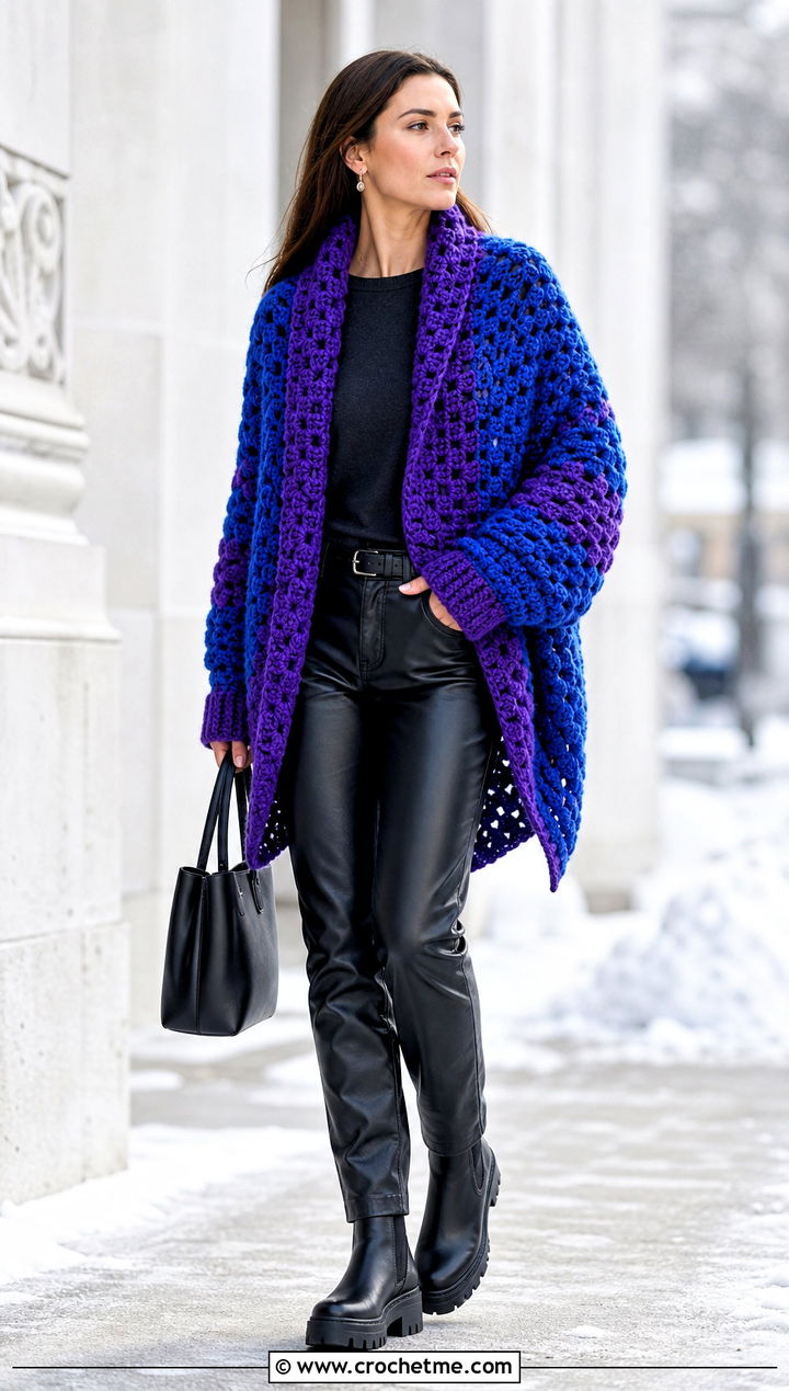 Chunky Crochet Shawl With Sleeves And Faux Leather Pants - 35 crochet shawl with sleeves outfit ideas