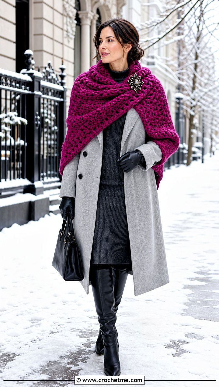 Chunky Crochet Shawl With Wool Coat And Knit Dress - 15 Crochet Shawls And Ponchos outfit ideas