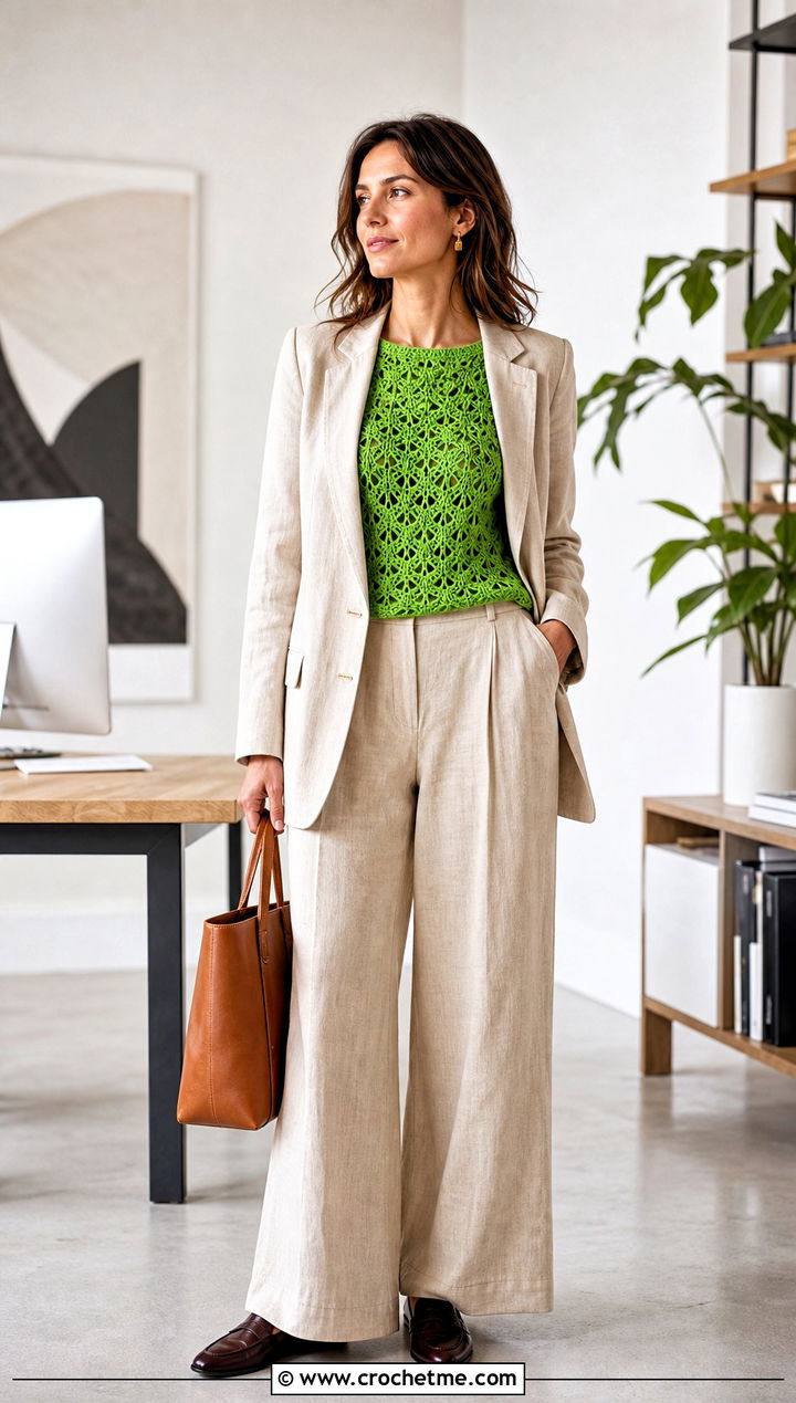 Chunky Crochet Shell Top With Linen Suit - 15 Chunky Crochet Top outfit ideas