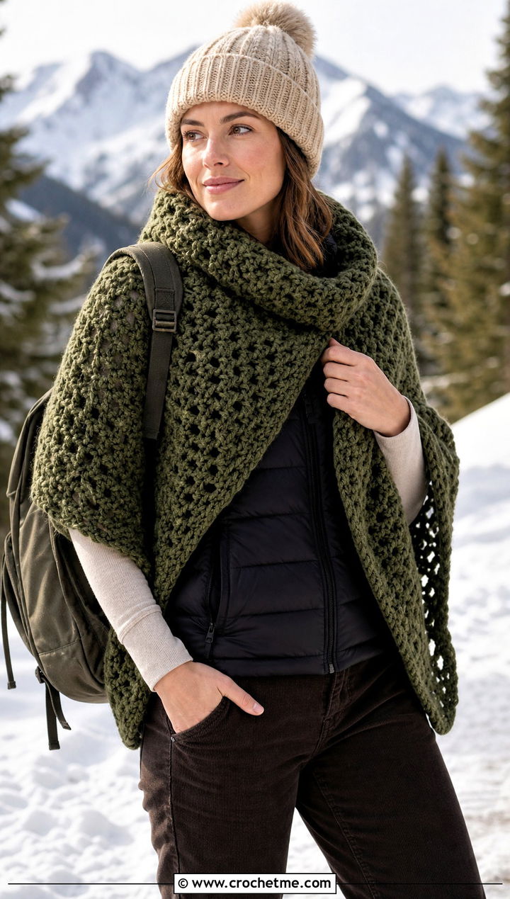 Chunky Crochet Shoulder Shawl With Puffer Vest - 25 Crochet Shoulder Shawl outfit ideas
