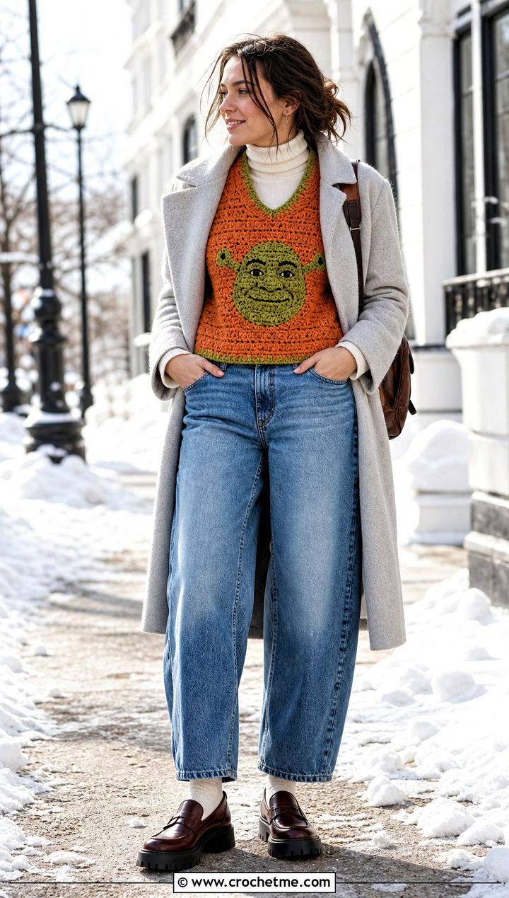 Chunky Crochet Shrek Vest With Barrel Jeans - 15 Crochet Shrek Vest outfit ideas