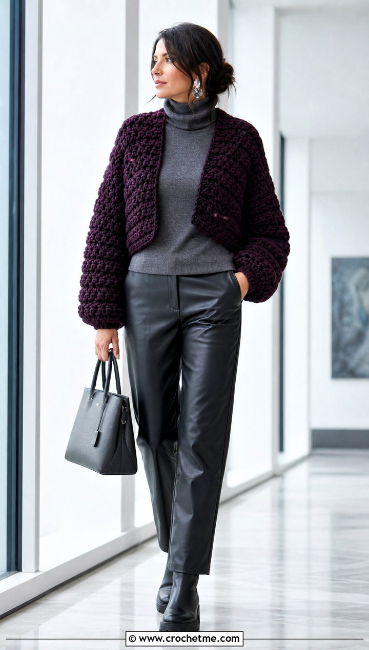 Chunky Crochet Shrug Sweater With Leather Pants - 30 crochet shrug sweater outfit ideas