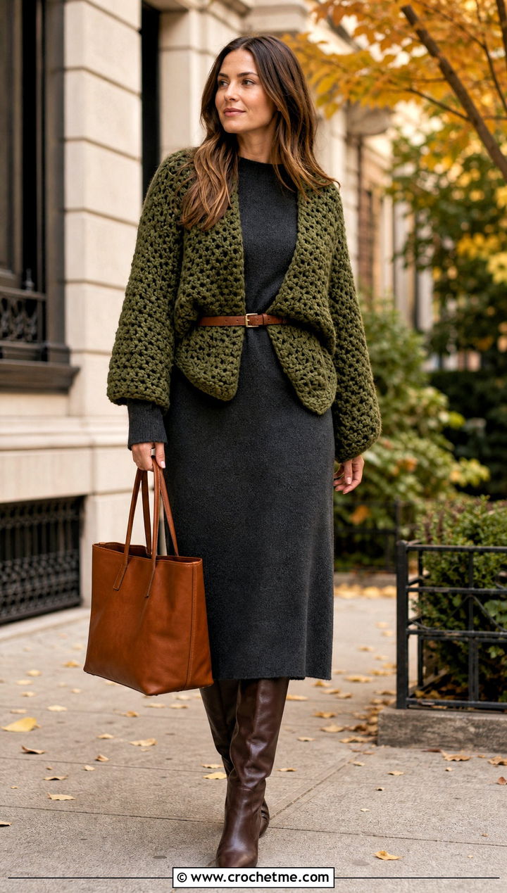 Chunky Crochet Shrug With Knit Dress And Boots - 30 crochet shrug for women outfit ideas
