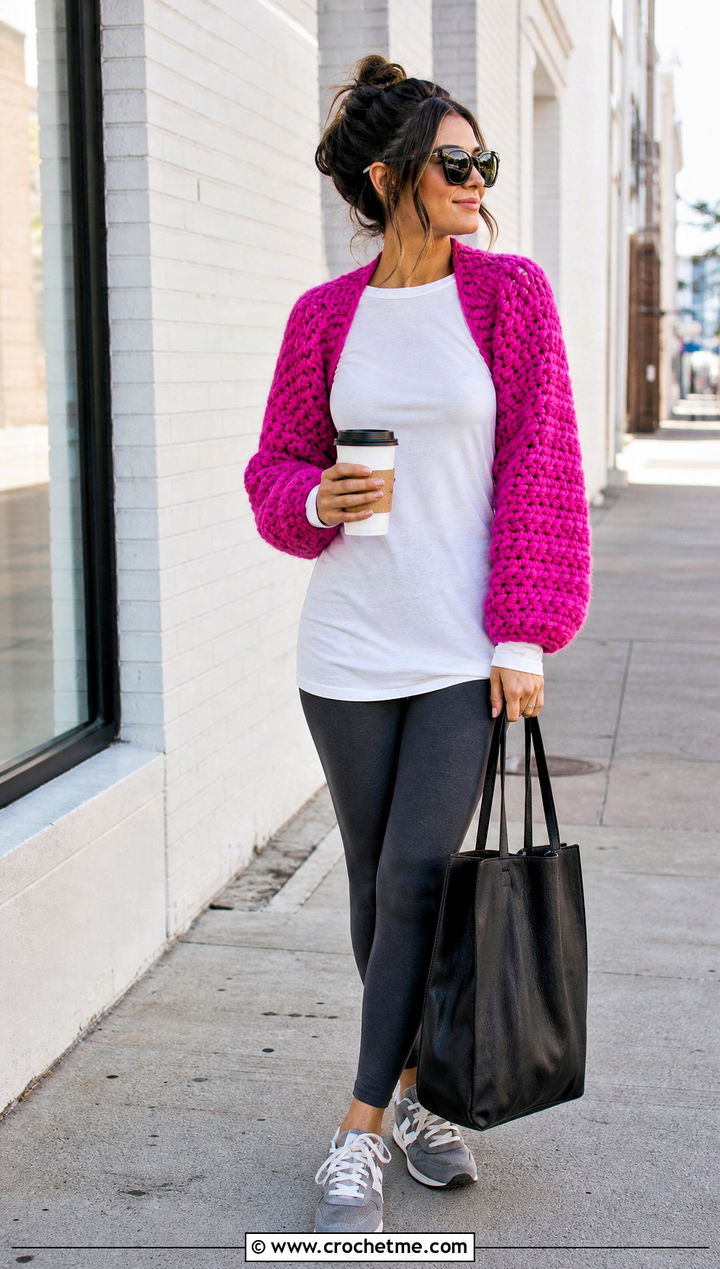 Chunky Crochet Shrug With Leggings - 35 crocheted shrug outfit ideas