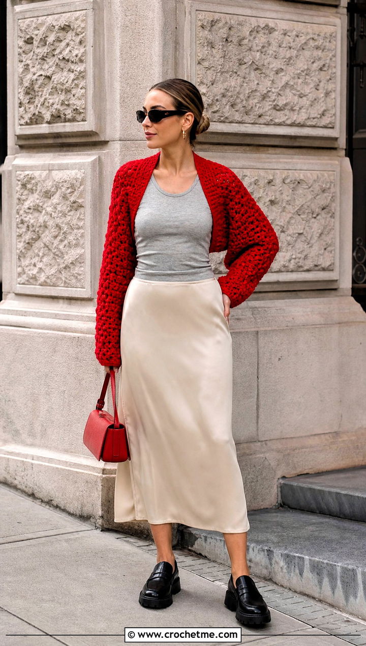 Chunky Crochet Shrug With Slip Skirt - 25 Crochet Mini Sweater outfit ideas