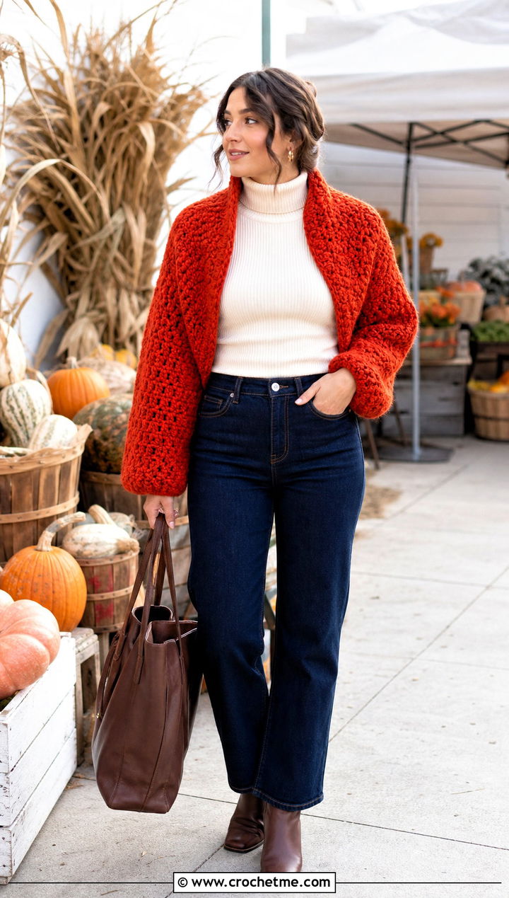 Chunky Crochet Shrug With Straight Leg Jeans - 25 simple crochet shrug outfit ideas
