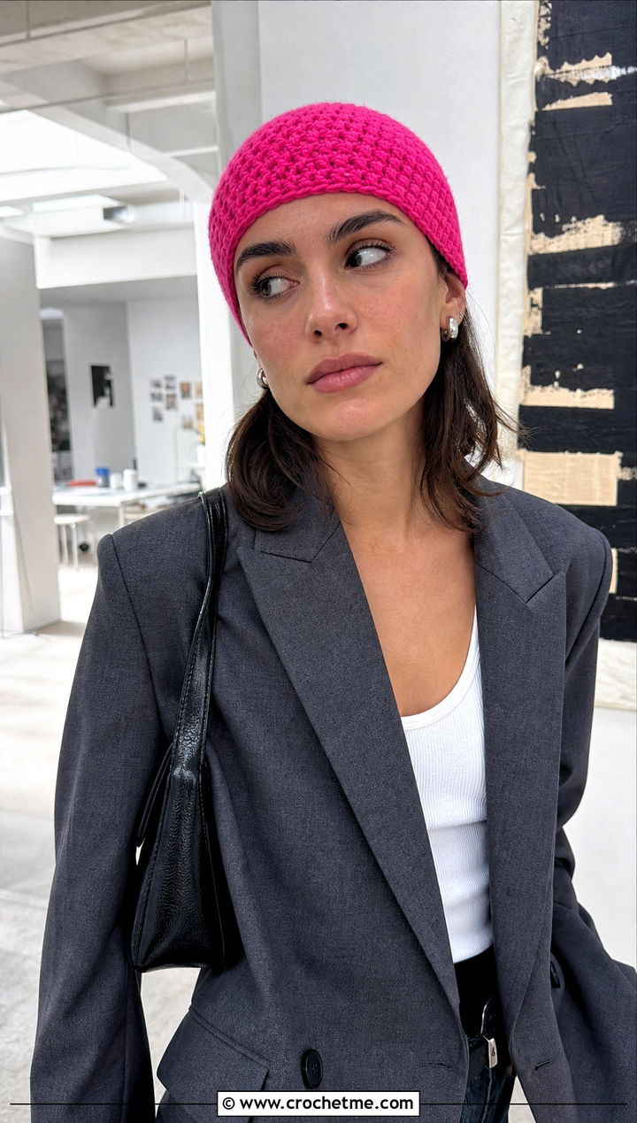 Chunky Crochet Skull Cap With Oversized Blazer - 25 Easy Chunky Crochet Hat outfit ideas