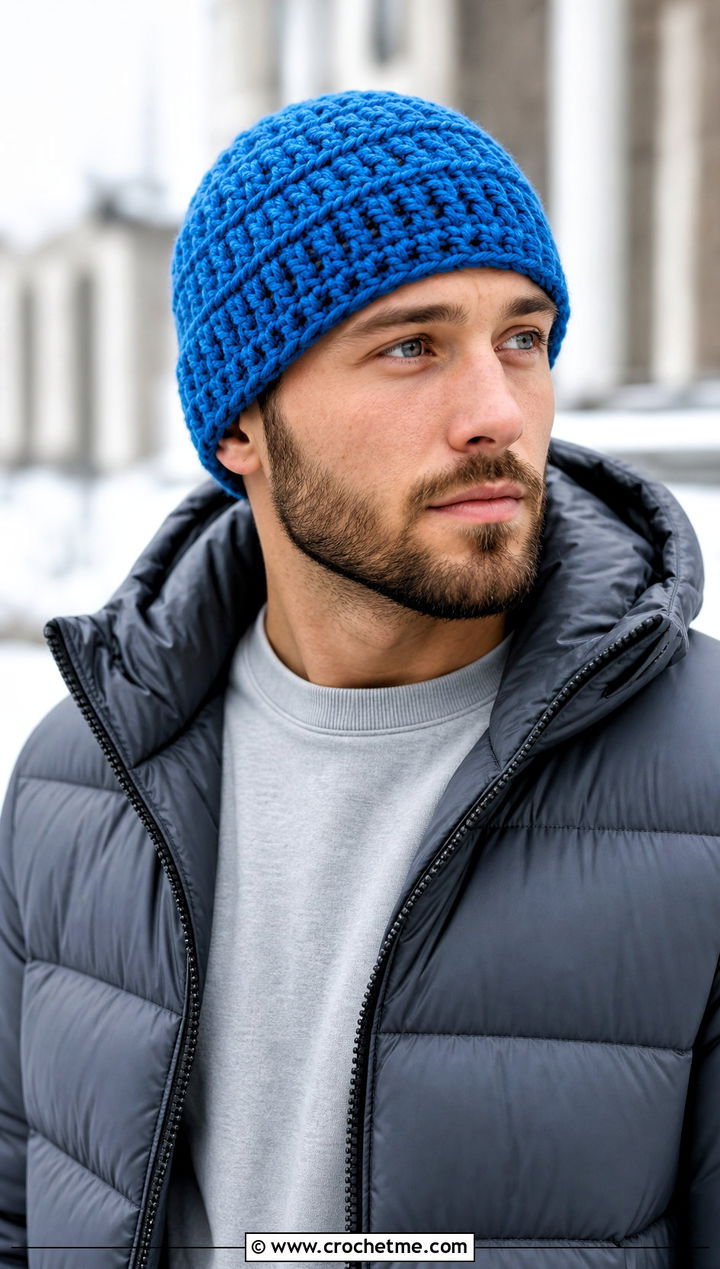Chunky Crochet Skull Cap With Puffer Jacket And Joggers - 25 Mens Crochet Skull Cap outfit ideas
