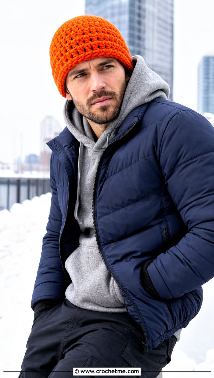 Chunky Crochet Skull Cap With Puffer Jacket And Utility Pants - 25 Crochet Skull Cap For Men outfit ideas