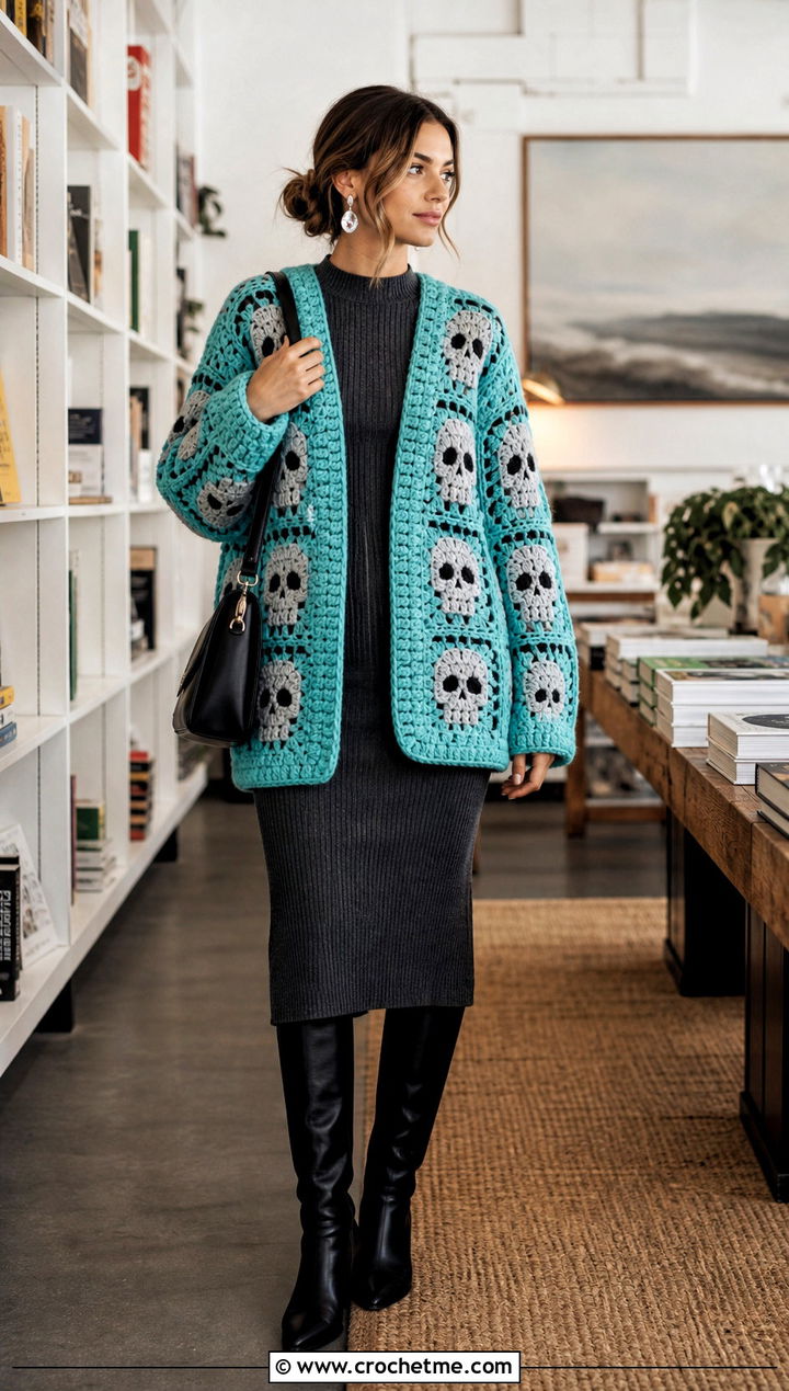 Chunky Crochet Skull Granny Square Cardigan With A Knit Dress - 25 crochet skull granny square cardigan outfit ideas