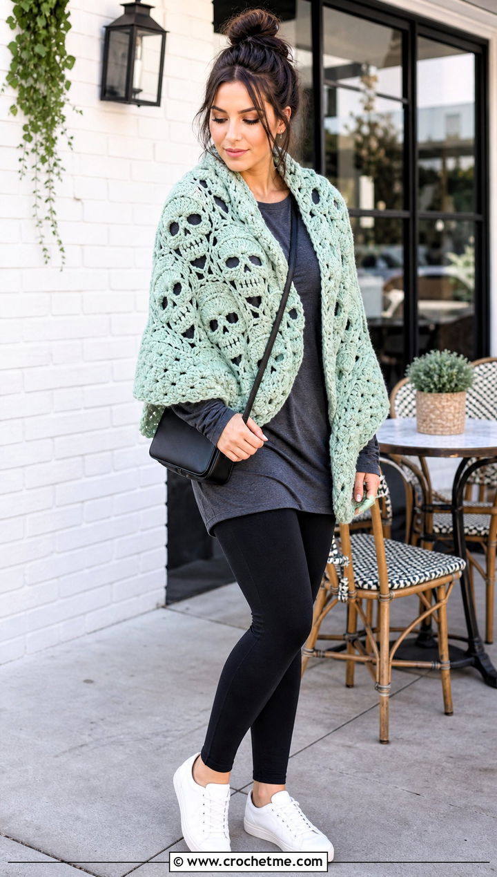 Chunky Crochet Skull Shawl With Leggings and Sneakers - 35 crochet skull shawl outfit ideas