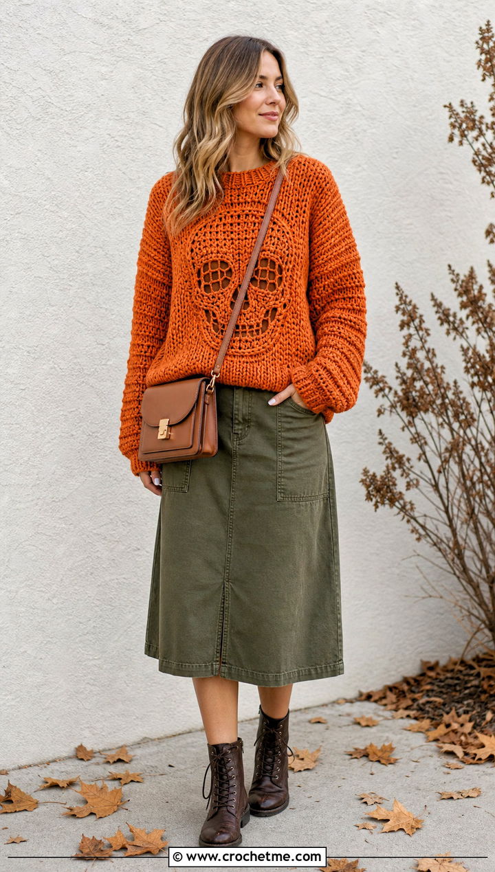 Chunky Crochet Skull Sweater With Utility Skirt - 35 crochet skull sweater outfit ideas