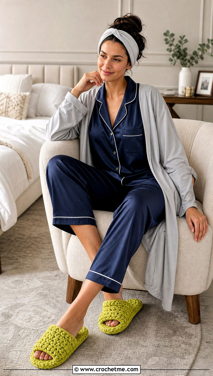 Chunky Crochet Slide Slippers With Satin Pajama Set - 30 chunky crochet slippers outfit ideas