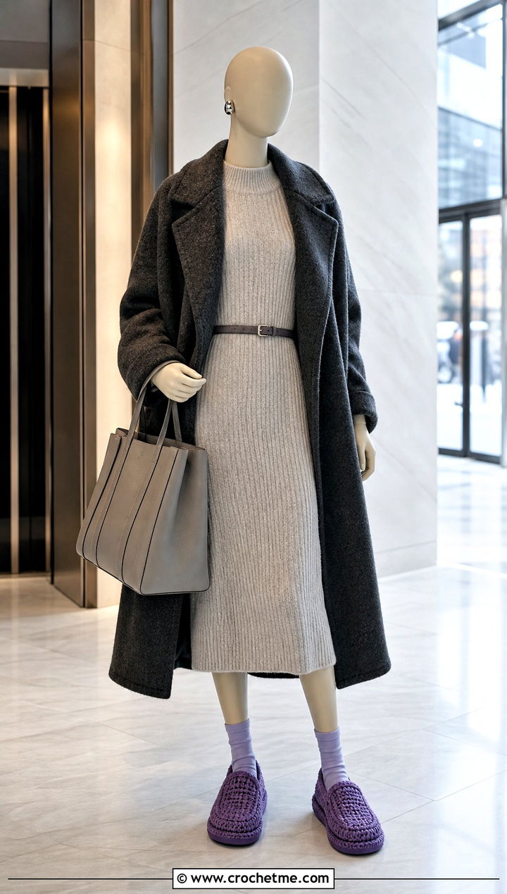 Chunky Crochet Slip Ons With Sweater Dress - 15 crochet slip-on shoes on mannequin outfit ideas