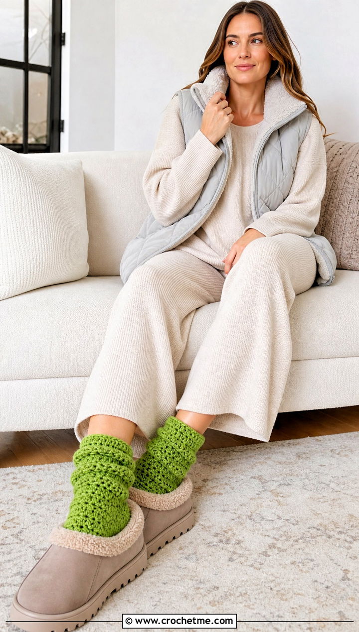 Chunky Crochet Slipper Socks With Knit Lounge Set And Clogs - 25 Quick Crochet Socks outfit ideas